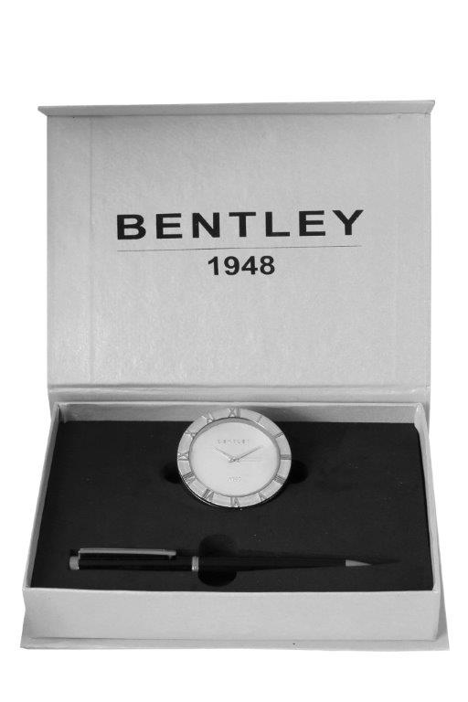 BENTLY SILVER PLATED TABLE CLOCK & PEN COMBO